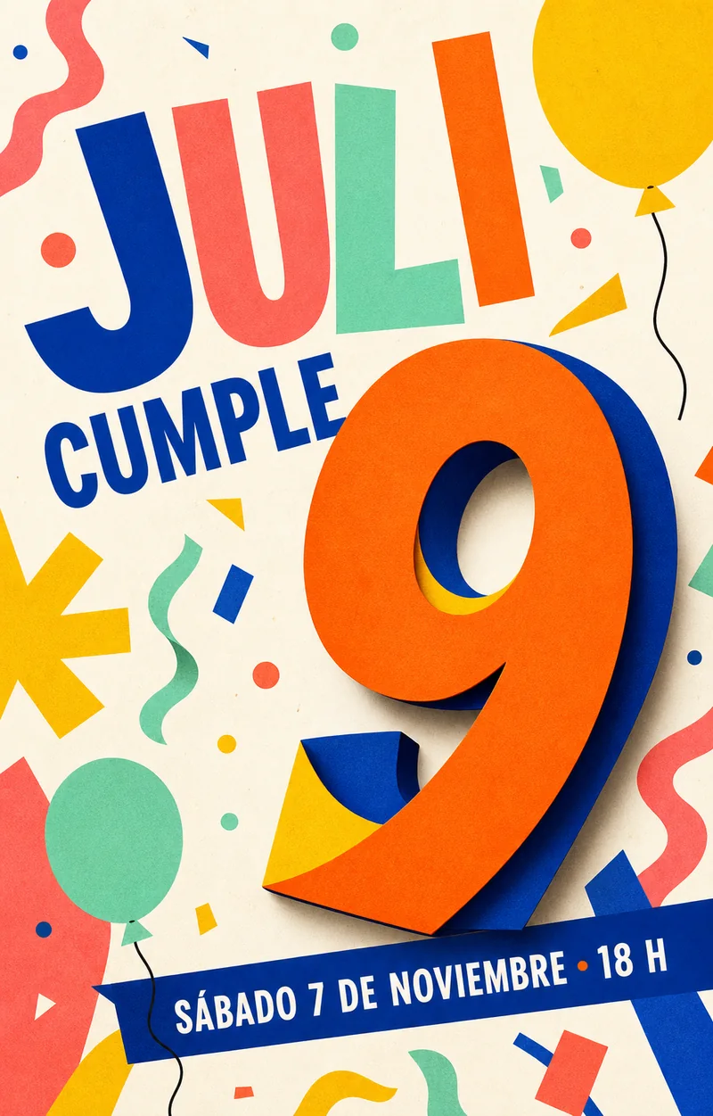 Invitación moderna con un gran número nueve, globos y confeti
