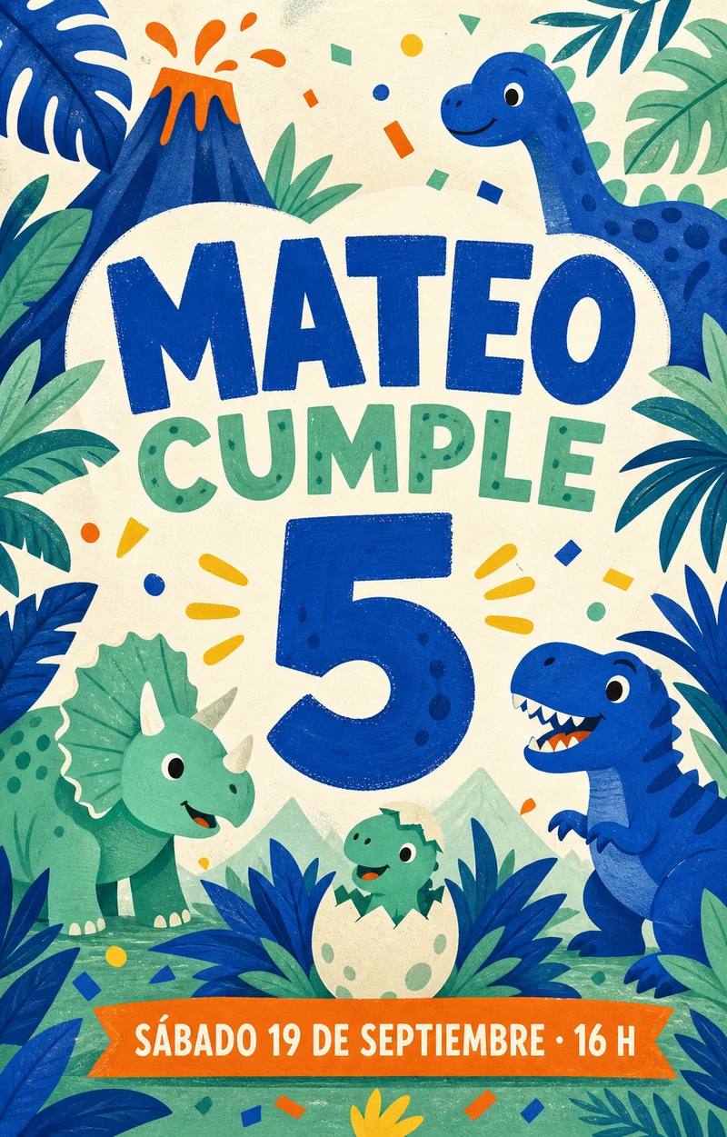 Invitación de dinosaurios azules y verdes entre hojas tropicales