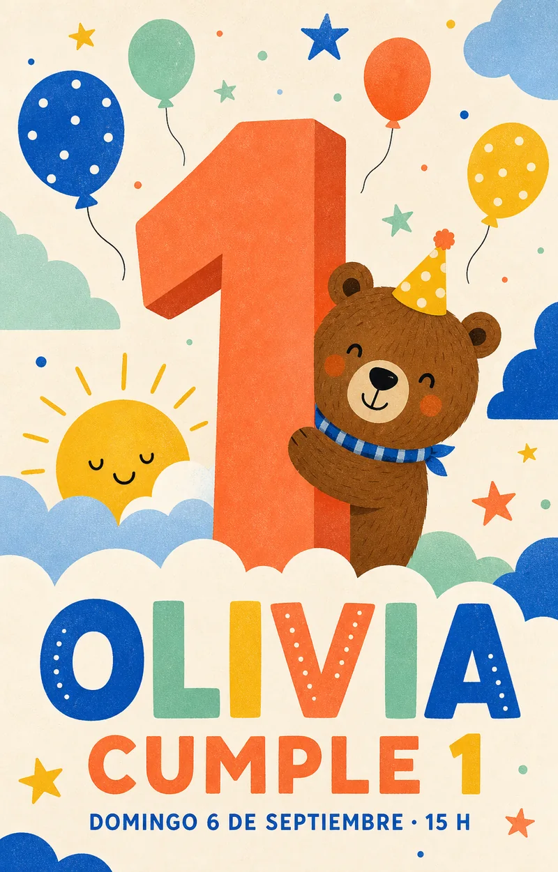Invitación de primer cumpleaños con un gran número uno, oso, globos y nubes