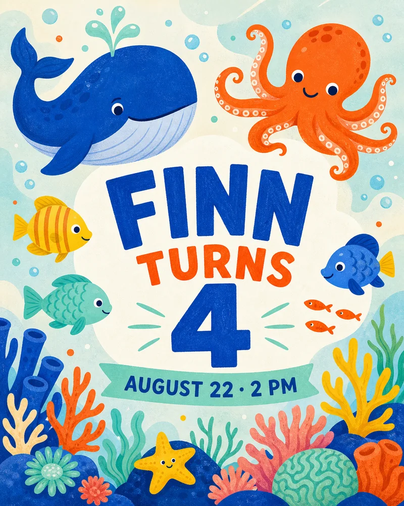 Invitación submarina con ballena, pulpo y peces