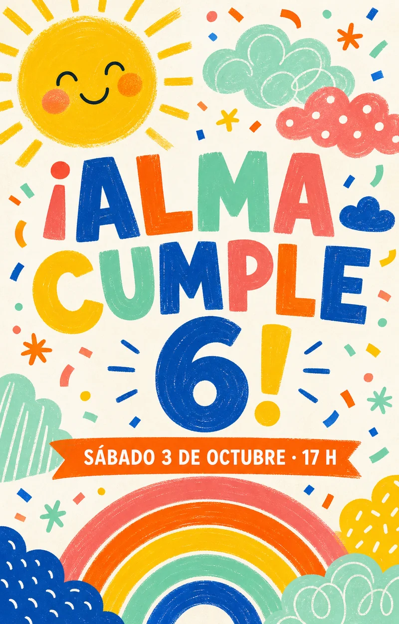 Invitación colorida con arcoíris, sol y confeti