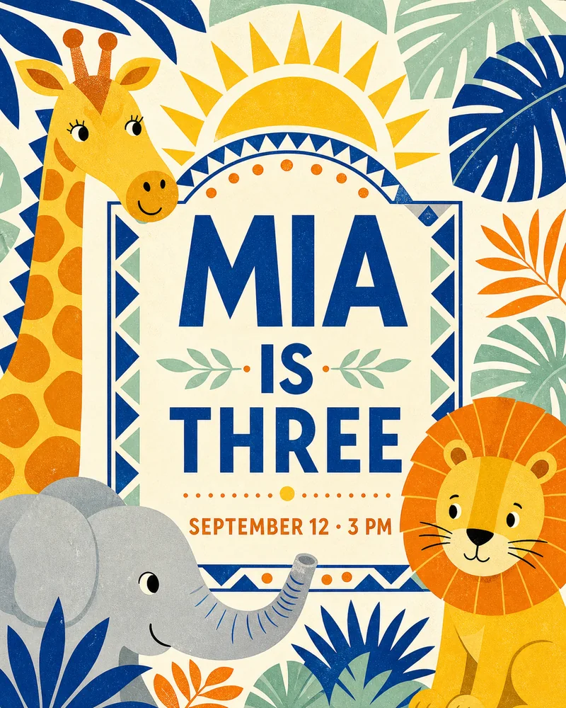 Invitación safari con jirafa, león y elefante