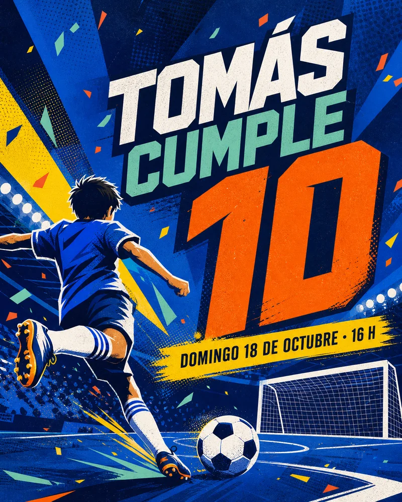 Invitación de fútbol azul y naranja para diez años