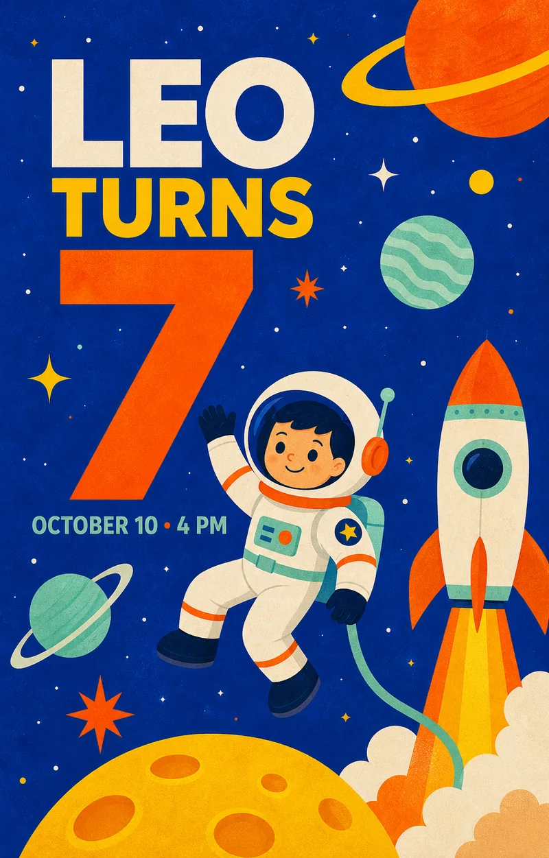 Invitación espacial con astronauta, cohete y planetas
